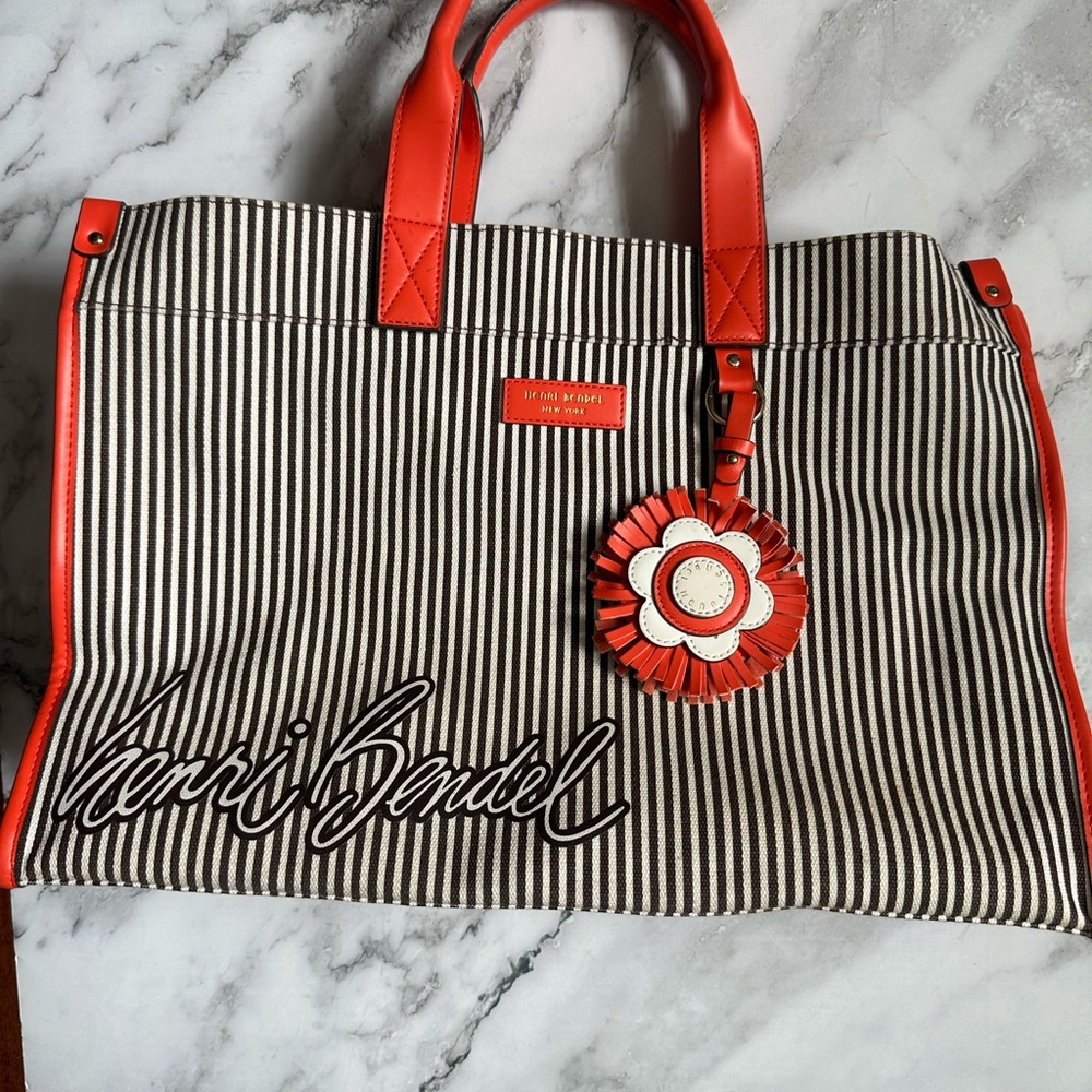 Henri Bendel Striped Tote Bag - Brown and white striped and orange